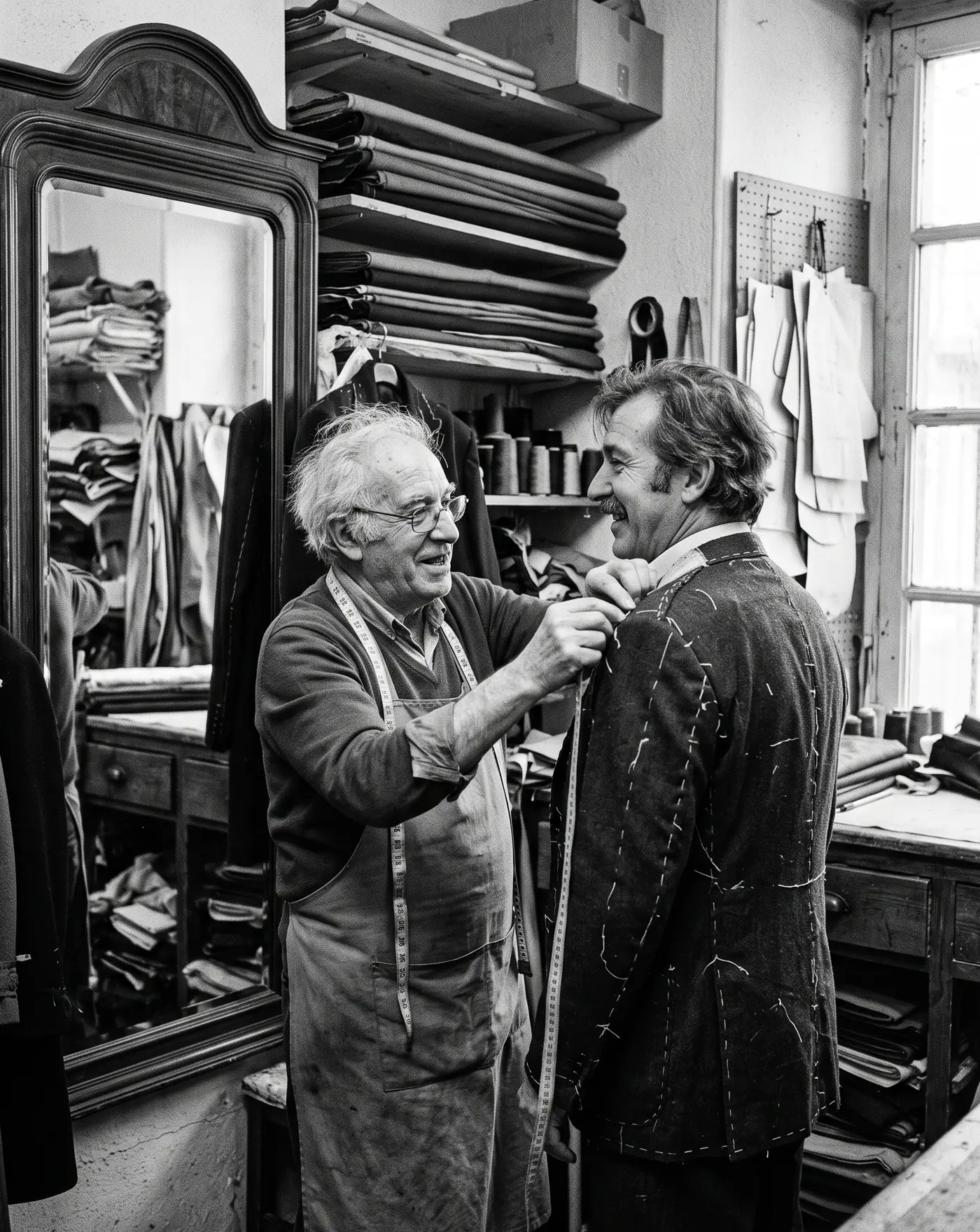 Tijera, tiza y tejido sobre la mesa de corte